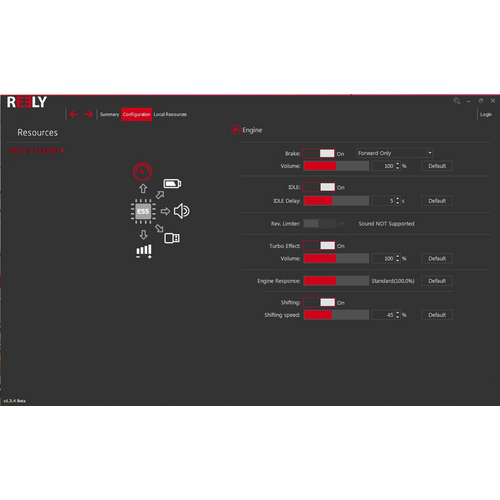 Benutzeroberfläche einer Software zur Konfiguration von Motorsound mit Schaltern und Reglern für Lautstärke, Idol, Turbo-Effekt und Schaltgeschwindigkeit.